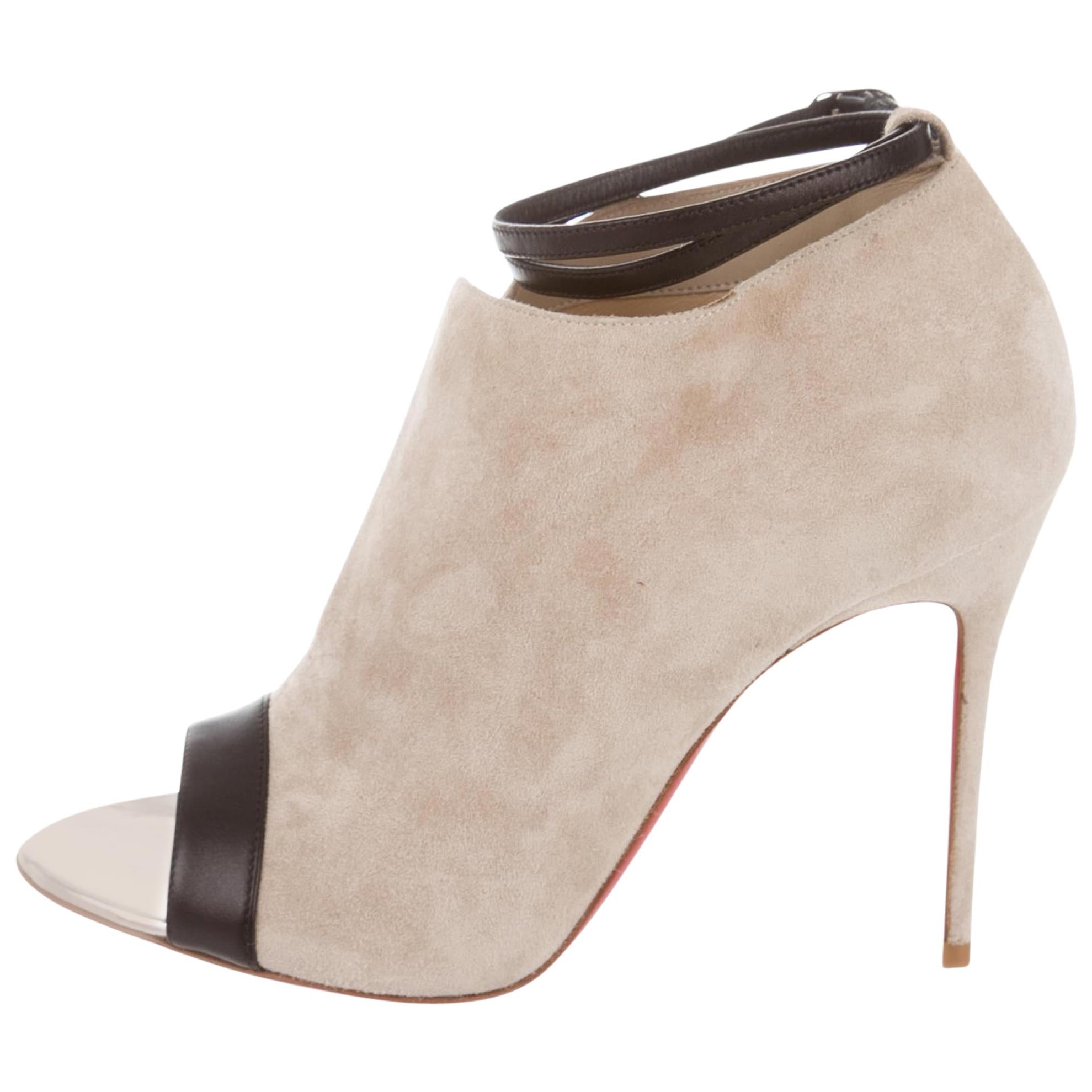 Christian Louboutin NEW Tan Nude Black Leather Slit Suede Evening Boots Booties