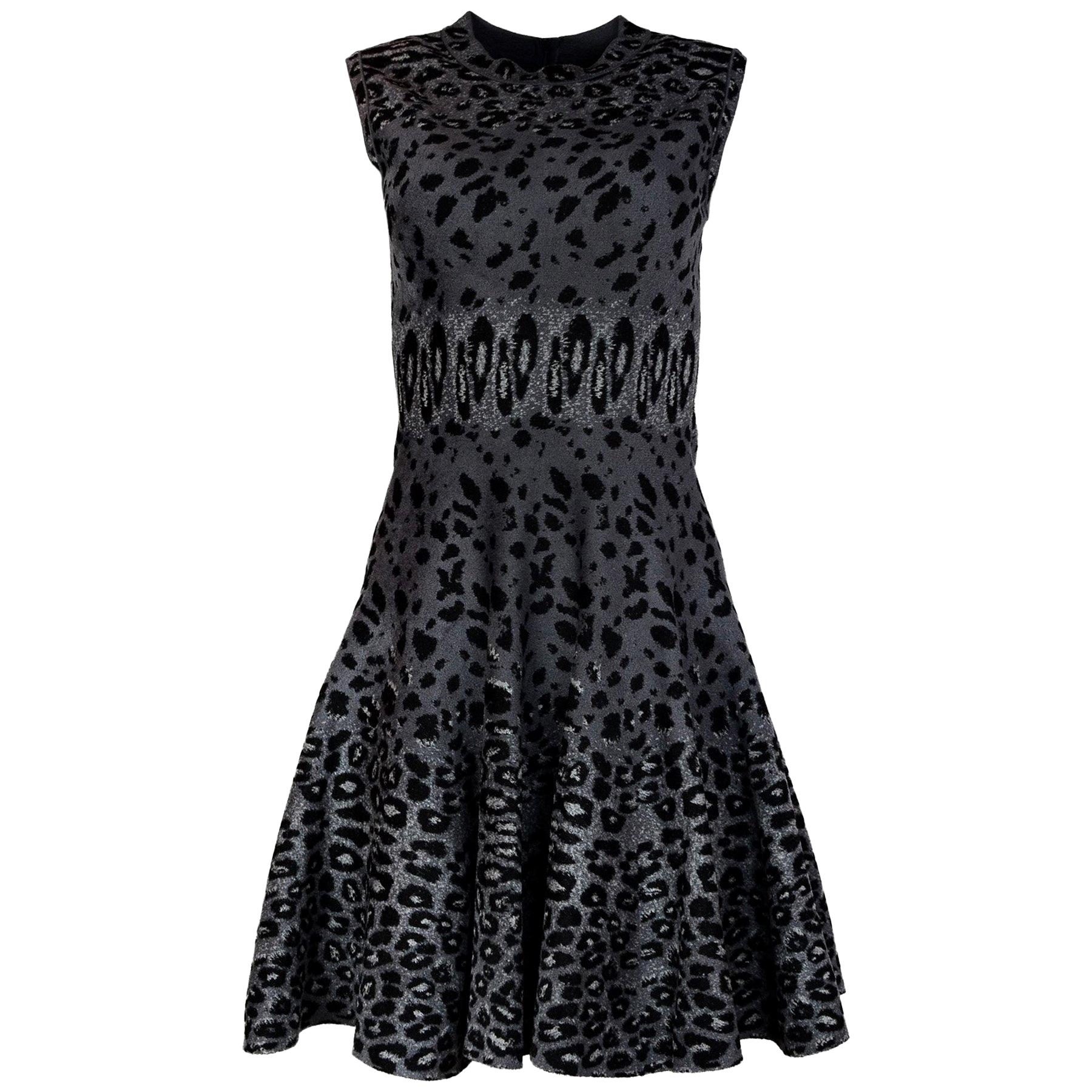 Alaia Sleeveless Grey Leopard Print Fit & Flare Dress Sz 40