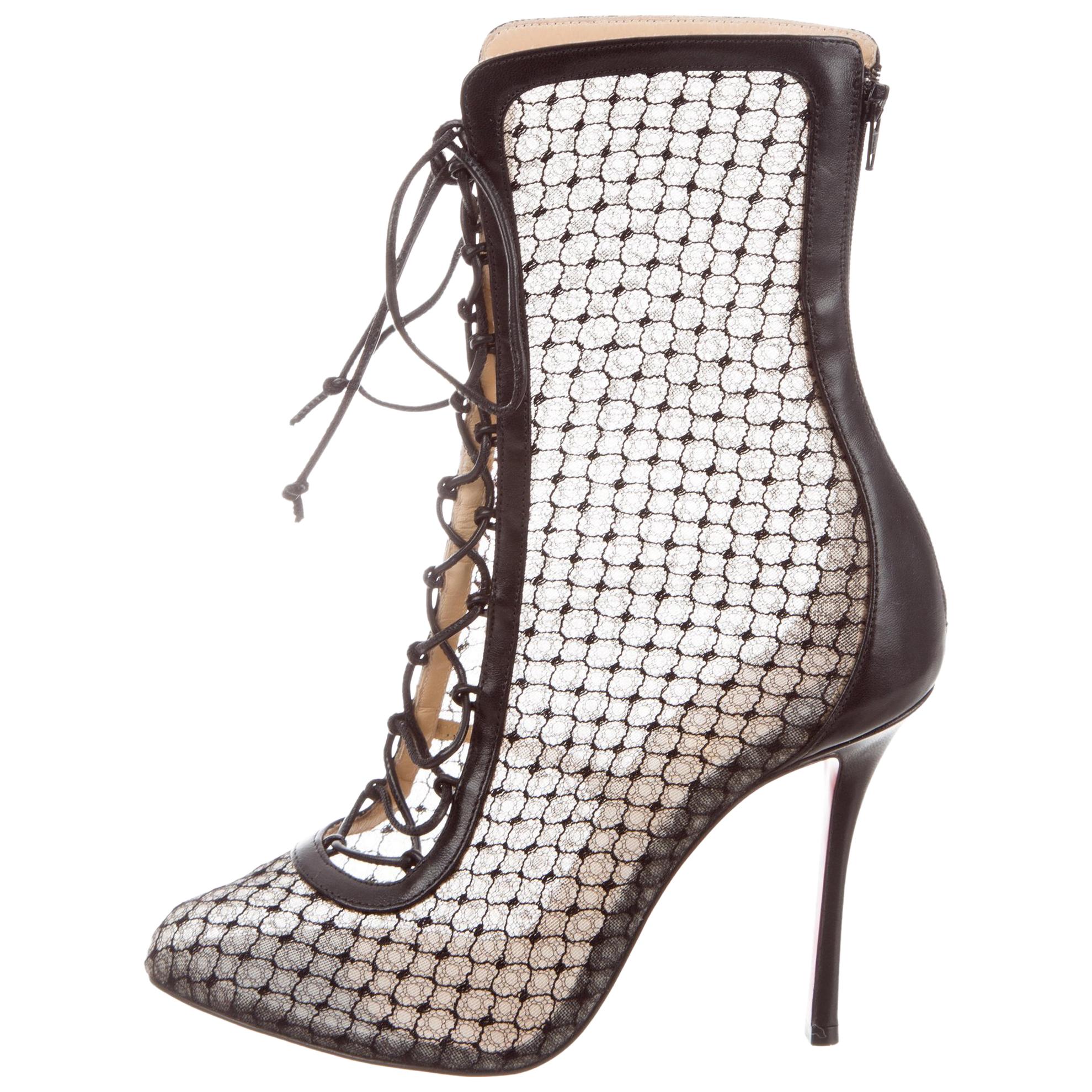 Christian Louboutin NEW Black Lace Nude Leather Evening Boots Booties