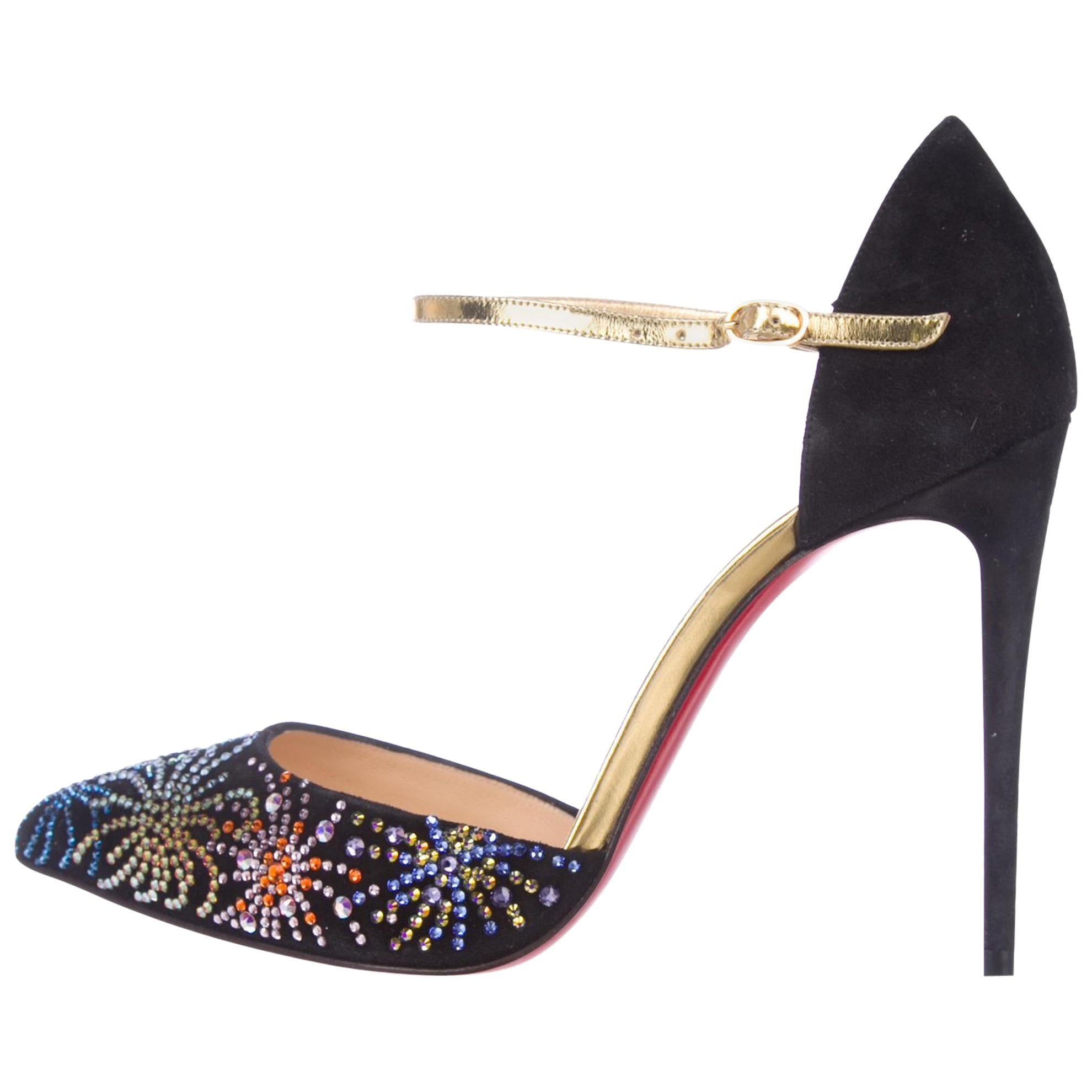 Christian Louboutin NEW Black Suede Multi Holiday Evening Crystal Pumps Heels 