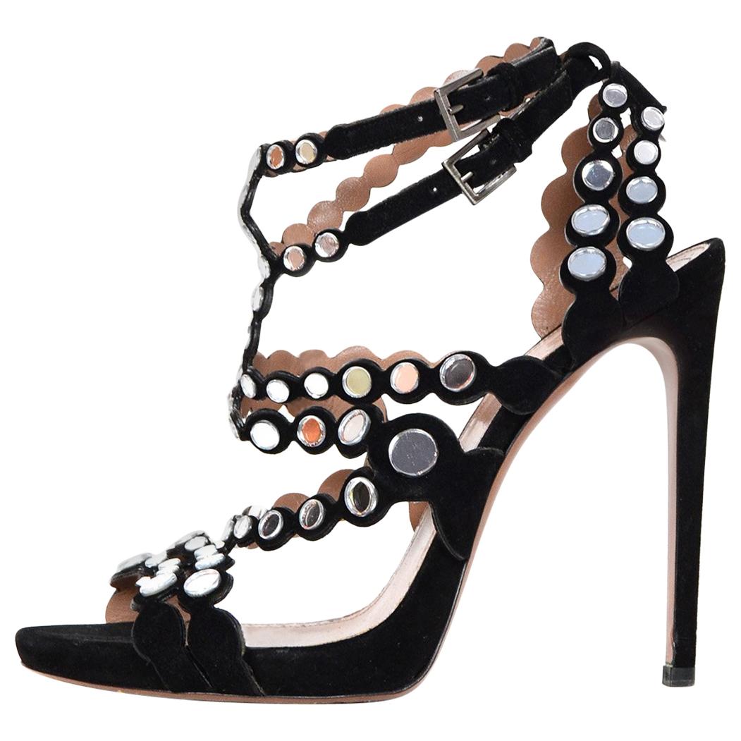 Alaia Black Suede Mirror Embellished Heeled Sandals Sz 40.5