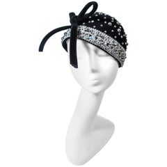 YVES SAINT LAURENT Vintage Black Felt Rhinestone Embellished Hat with Bow