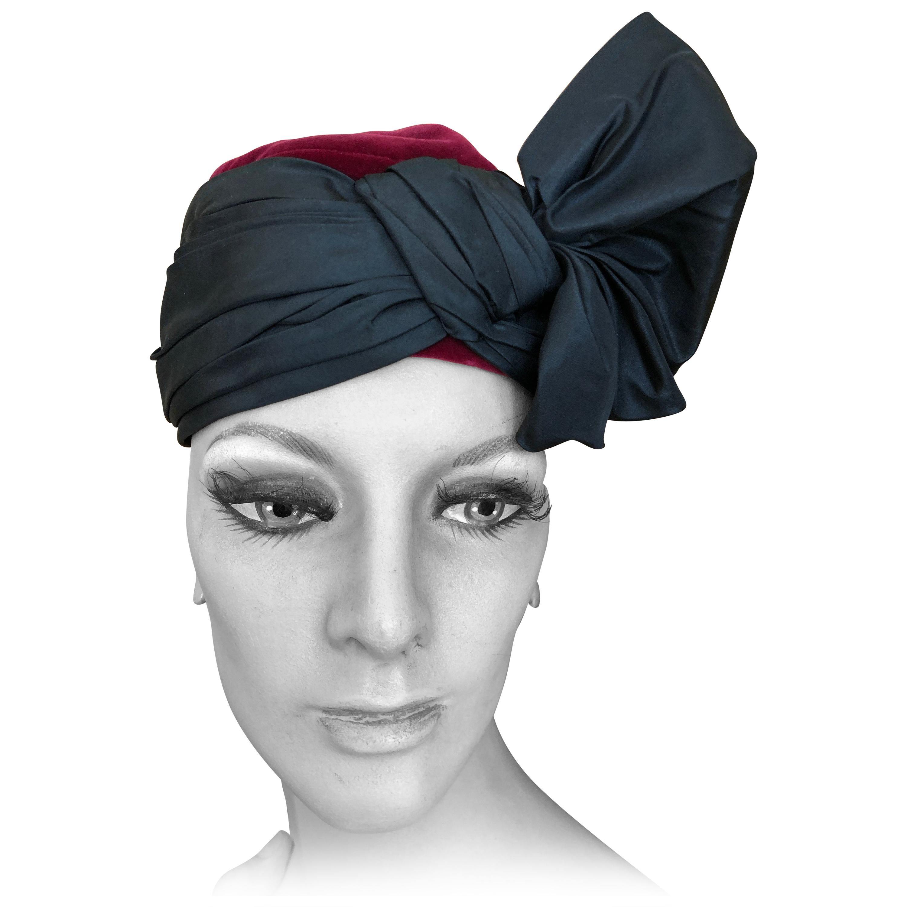 Yves Saint Laurent Rive Guache 1970's Velvet Turban with Silk Bow For Sale
