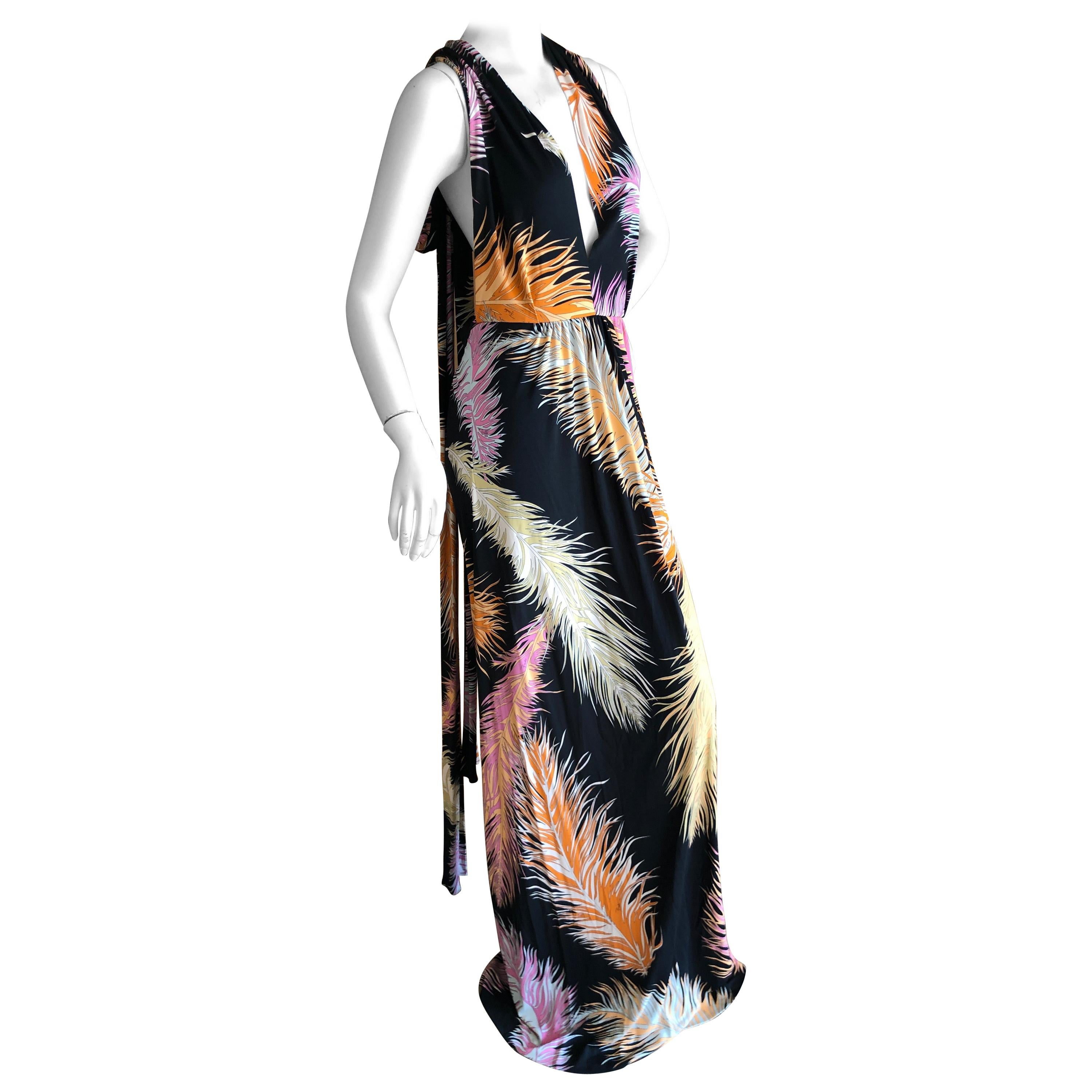 Emilio Pucci Colorful Feather Print Pattern Tie Back Halter Evening Dress Sz 10 For Sale