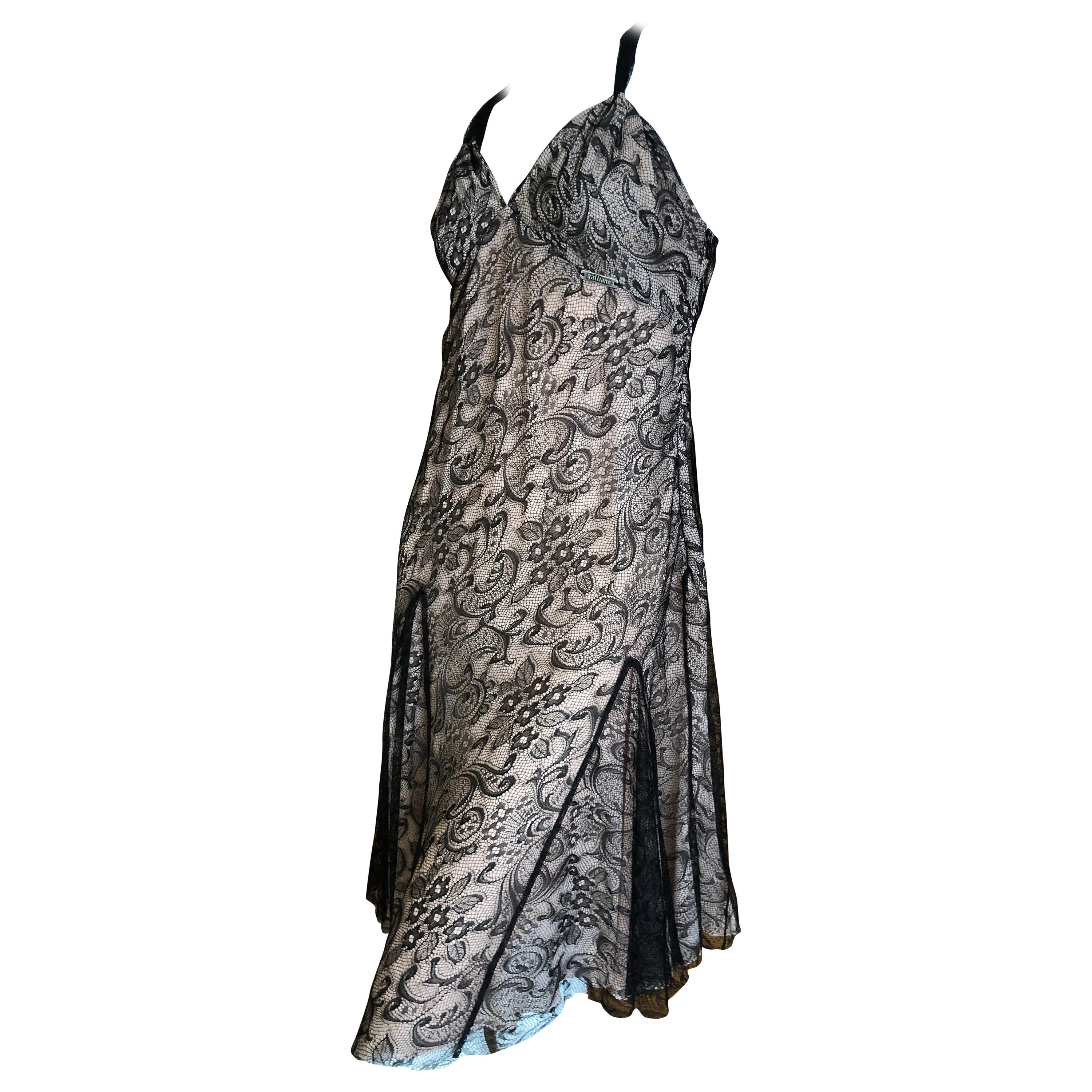 John Galliano Vintage Black Lace Cocktail Dress with Pale Pink Lining For Sale