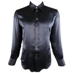 Vintage ARMANI COLLEZIONI Size L Navy Solid Silk Long Sleeve Shirt