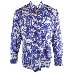 ROBERT GRAHAM Size L White & Blue Print Cotton Long Sleeve Shirt