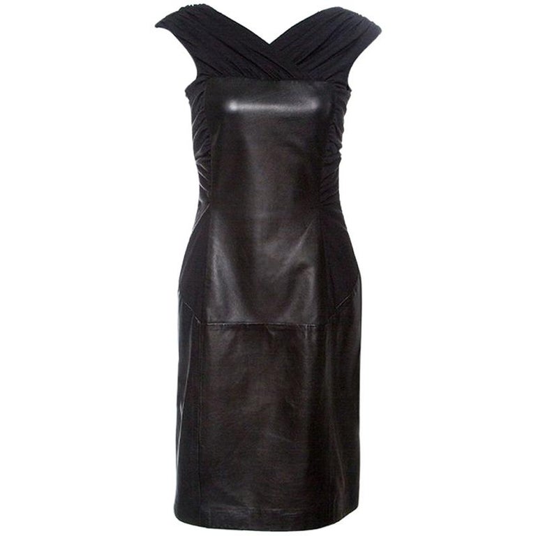 Alberta Ferretti Black Sheep Leather Panel Ruched Sleeveless Dress S ...