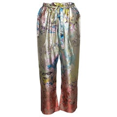 Etro Multicolor Floral Printed Waist Tie Detail Silk Brocade Pants S