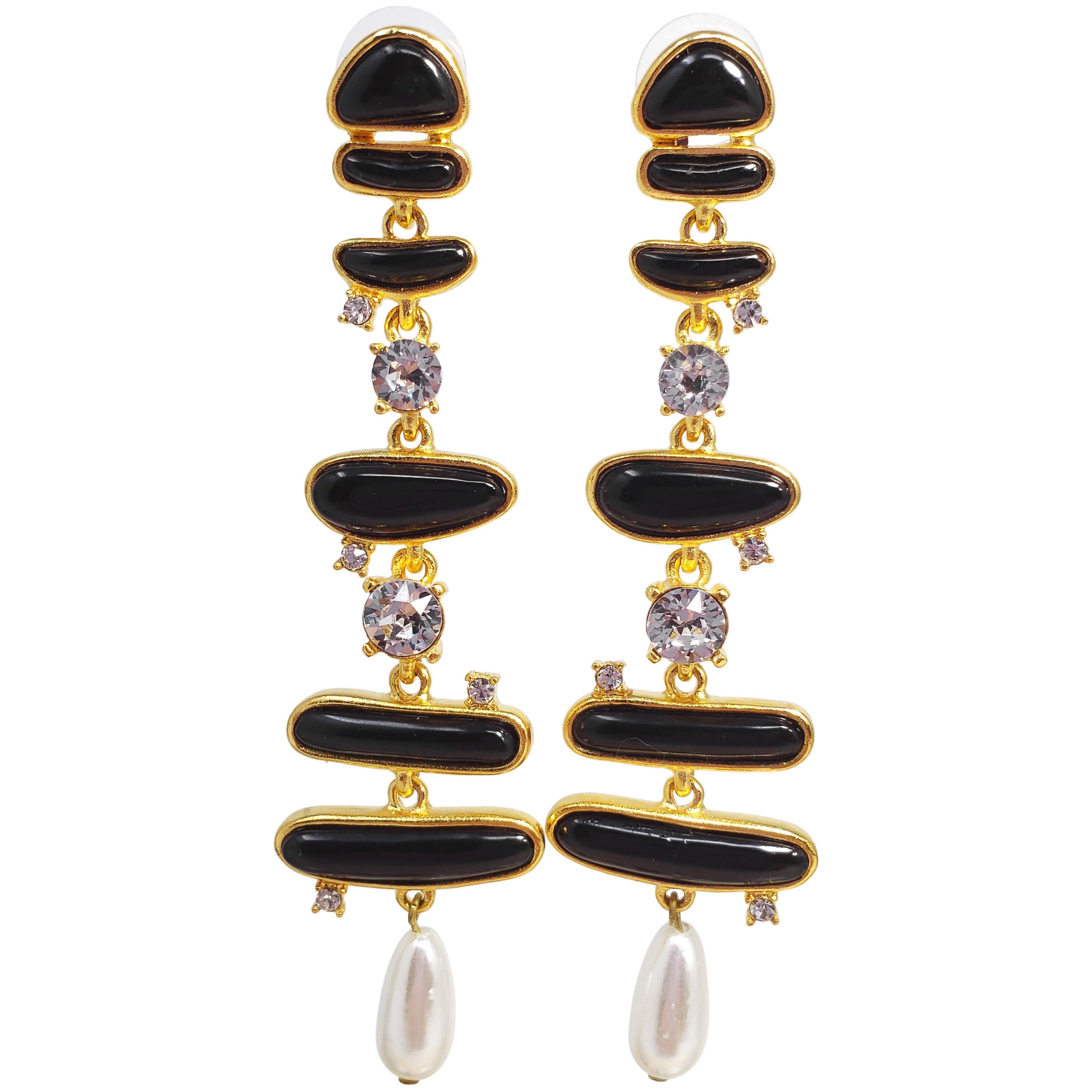 KJL Kenneth Jay Lane Glass Crystal Pearl Enamel Abstract Link Dangling Earrings For Sale