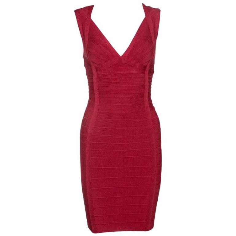 Herve Leger Lipstick Red Sleeveless Darby Bandage Dress S For Sale at ...
