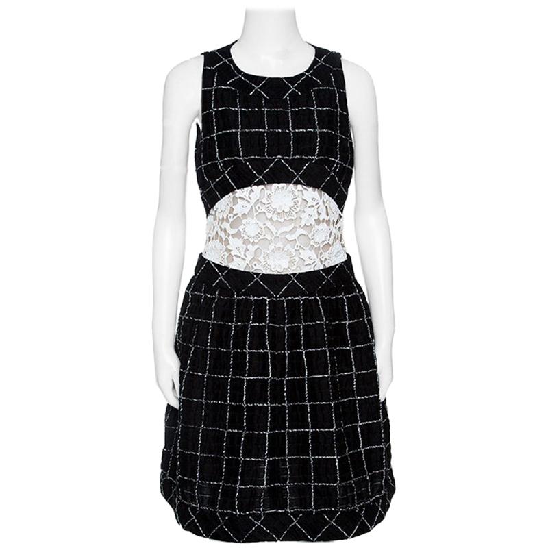 Chanel Monochrome Textured Checked Pattern Lace Insert Sleeveless Dress M