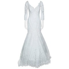 Bliss Monique Lhuillier White Floral Embroidered Sequined Mermaid Wedding Gown M