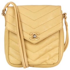 1991 Chanel Beige Chevron Quilted Caviar Leather Classic Single Flap Bag