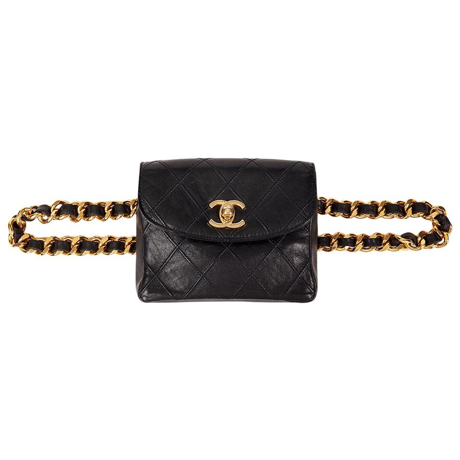 1990 Chanel Black Quilted Lambskin Vintage Classic Belt Bag