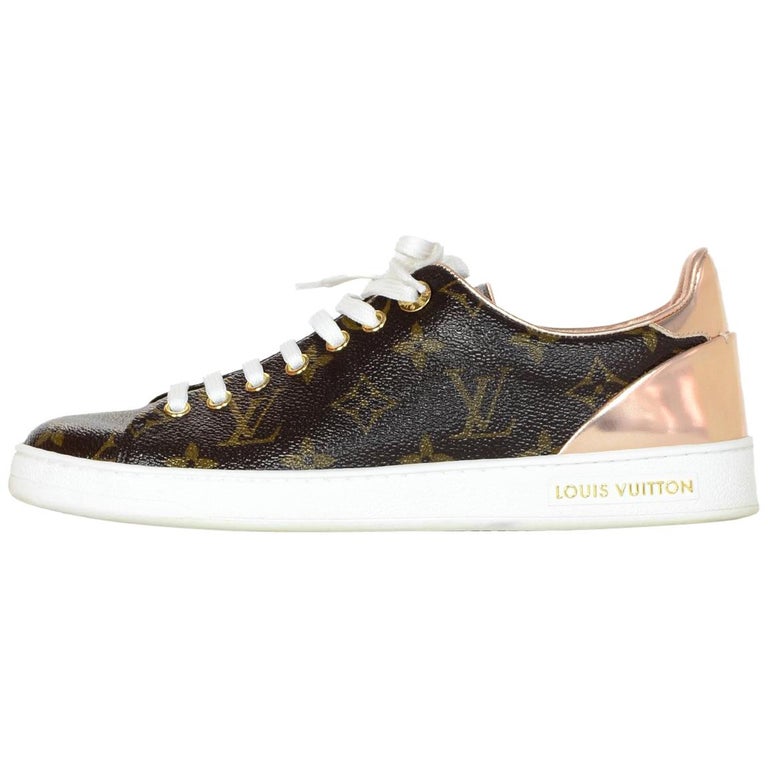 Louis Vuitton 2017 LV Monogram/Rose Gold Frontrow Lace Up Sneakers Sz 37.5  For Sale at 1stDibs | louis vuitton gold shoes