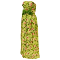 1960s I. Magnin Apple Green and Pink Floral Empire Waist Evening Dress 