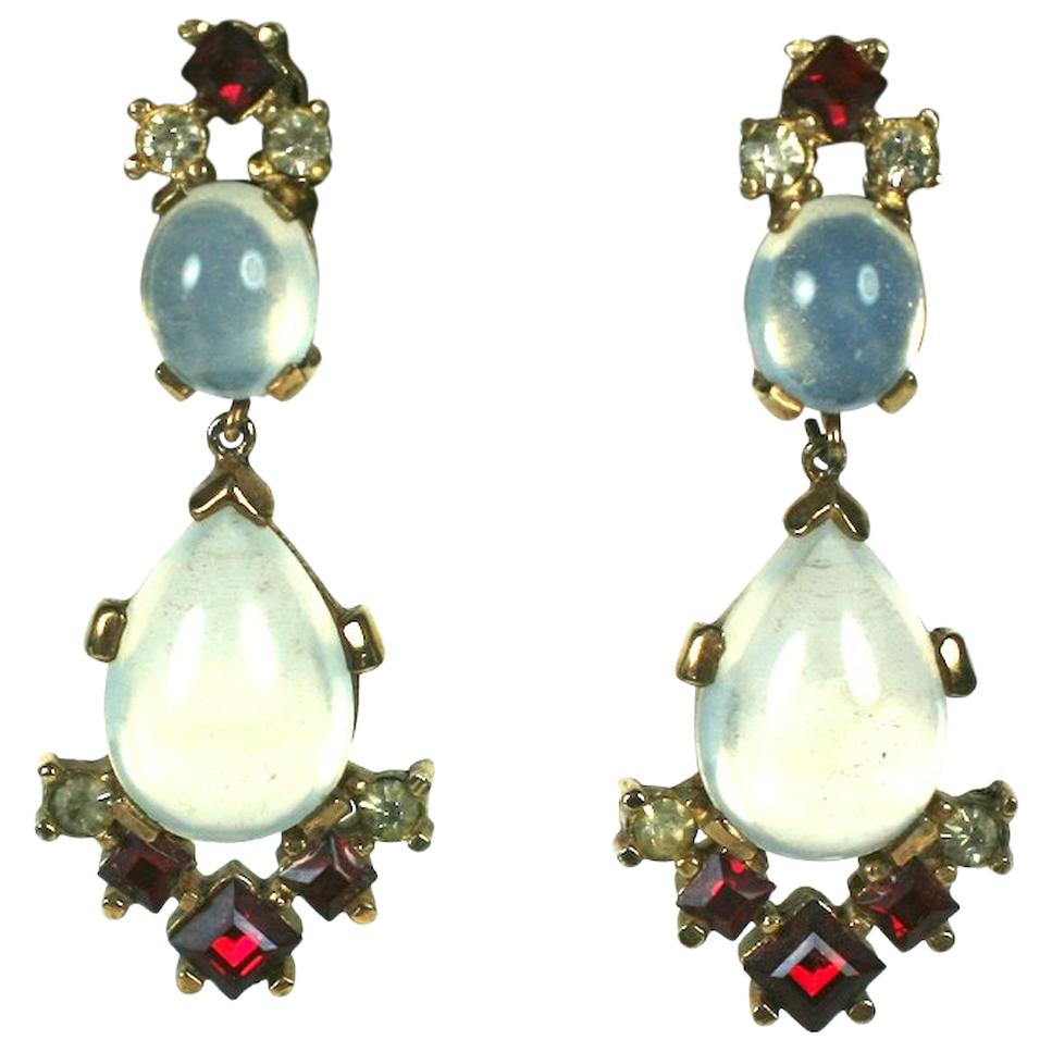 Trifari Alfred Philippe Clair de Lune Moonstone and Ruby Pendant Earclips