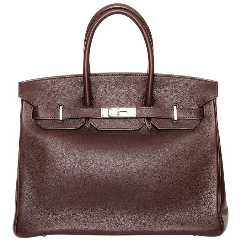 HERMES Havane brown Evergrain leather & Palladium BIRKIN 35 Bag