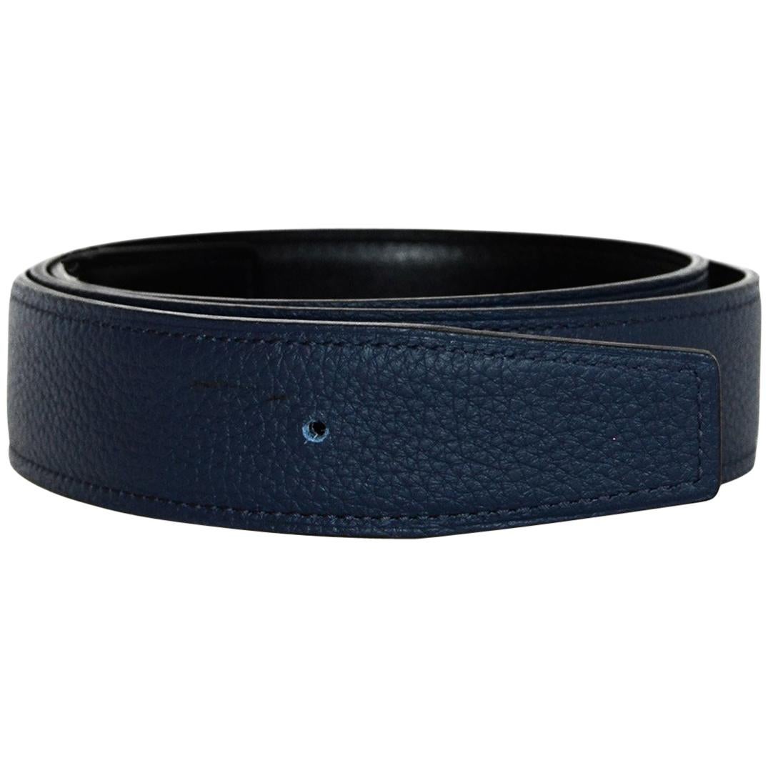 Hermes 2018 32mm Bleu Brighton/Black Reversible Leather Belt Strap sz 80