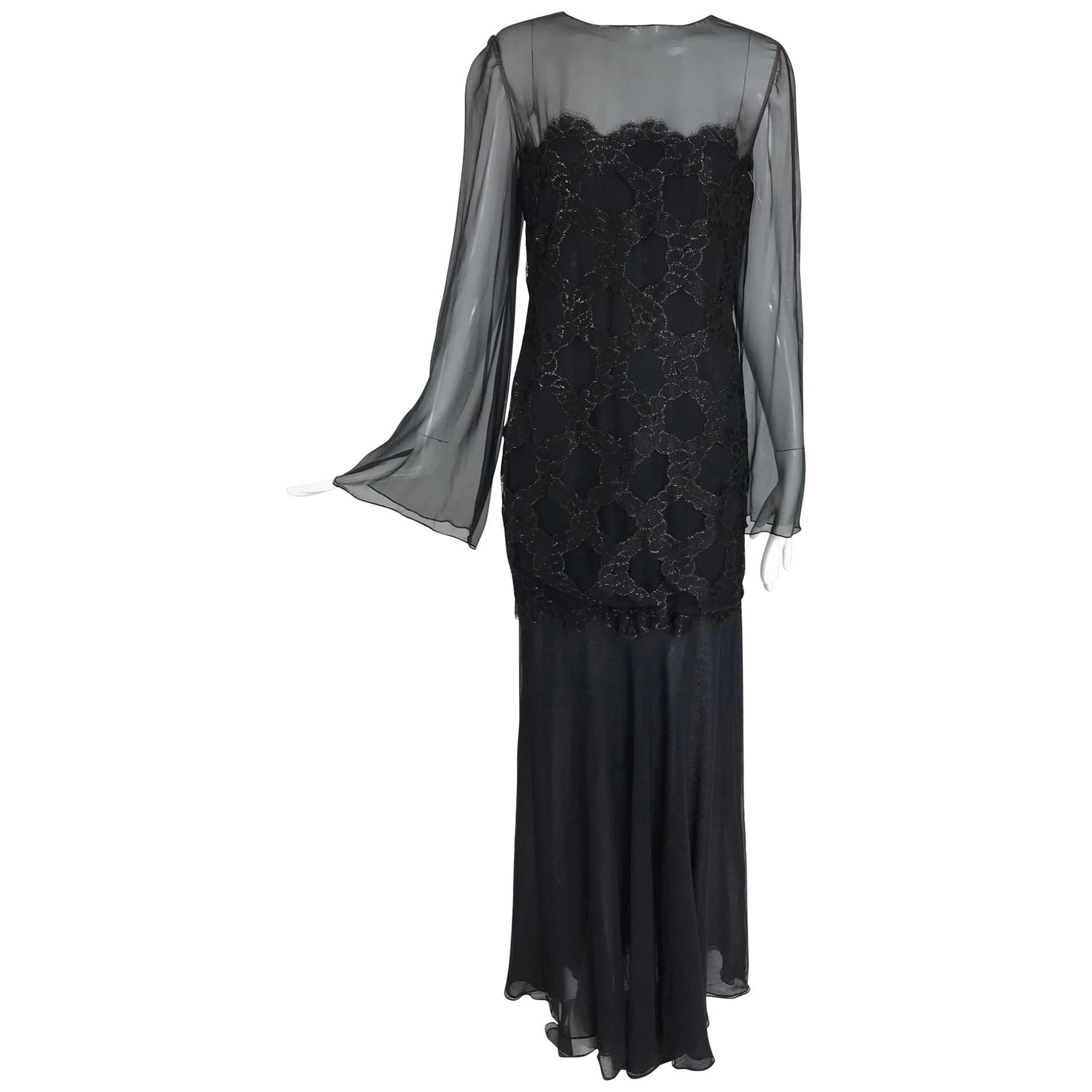 Bill Blass Lacquered Lace Over Black silk chiffon Evening Dress 1970s 12