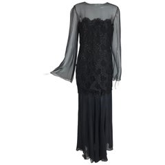 Vintage Bill Blass Lacquered Lace Over Black silk chiffon Evening Dress 1970s 12