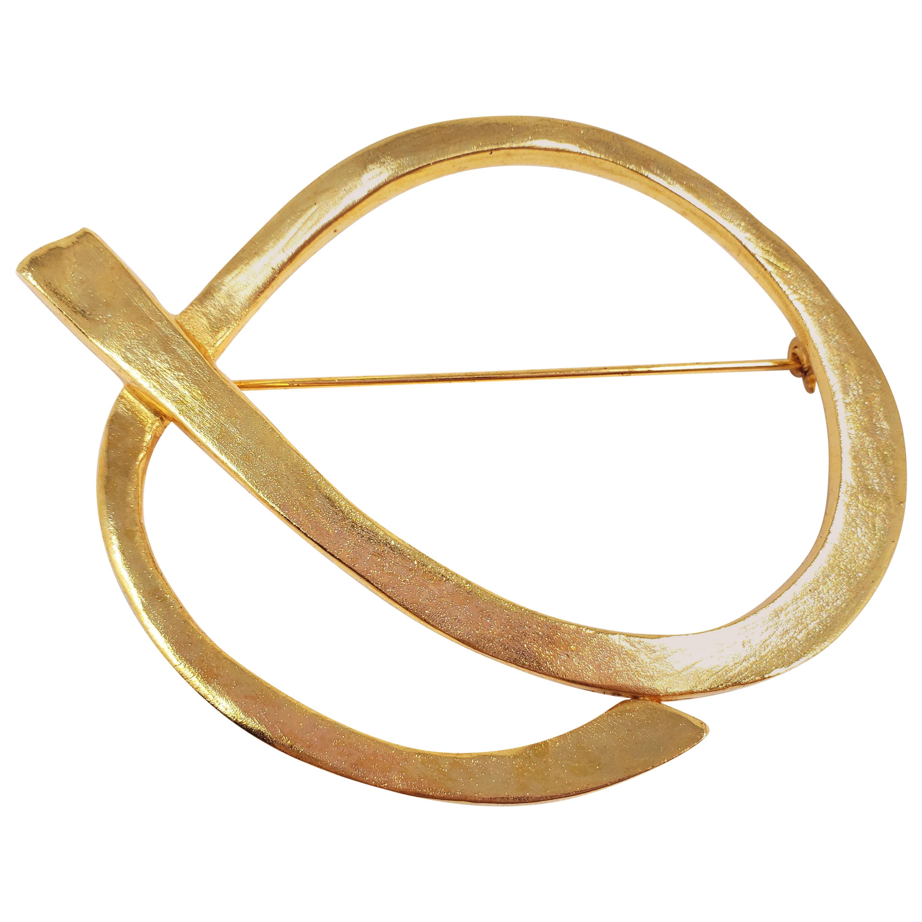 Oscar de la Renta Abstract Modernist Ribbon Statement Brooch Pin in Gold
