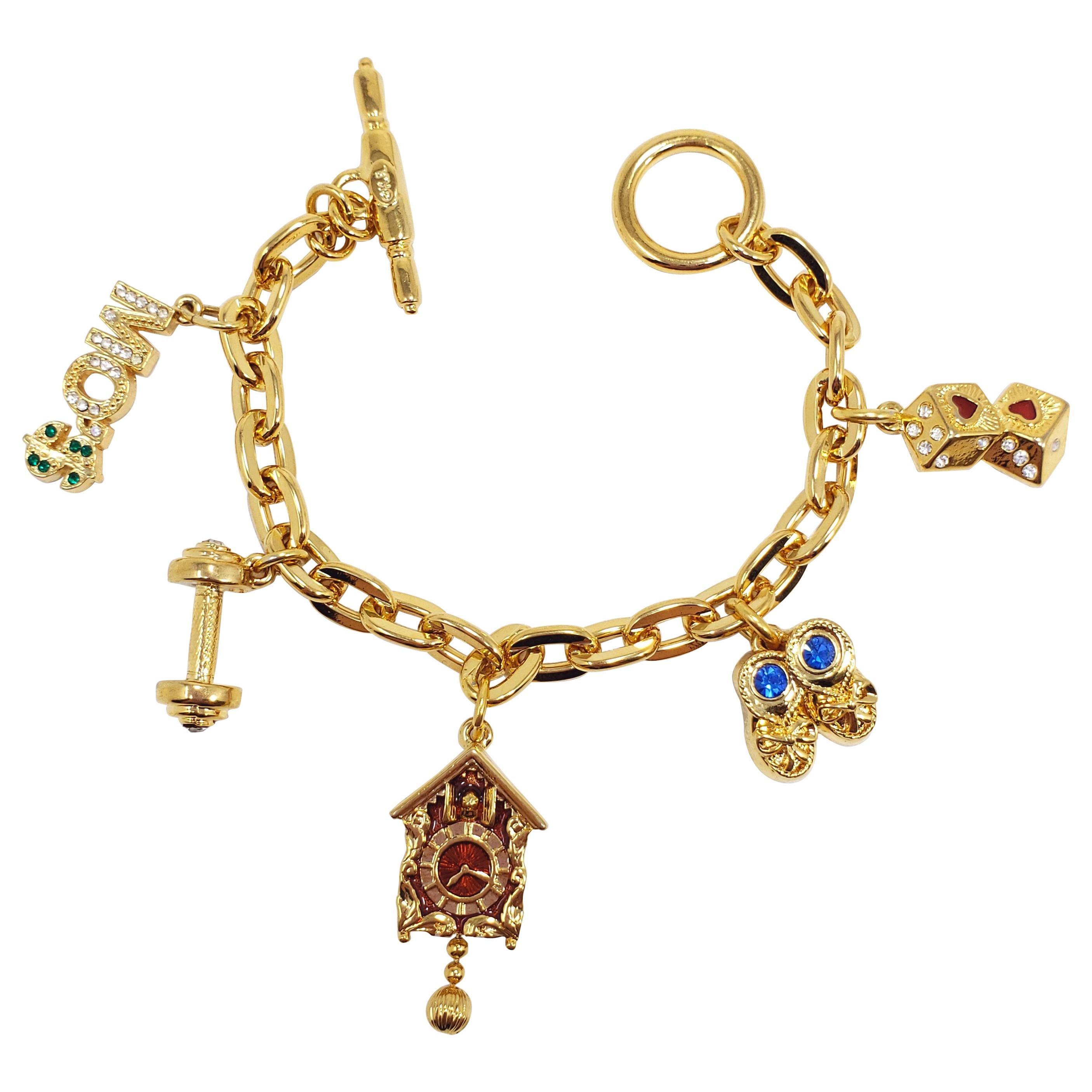 KJL Kenneth Jay Lane Chain Link Five Charm Bracelet, with Toggle Clasp, in Gold For Sale