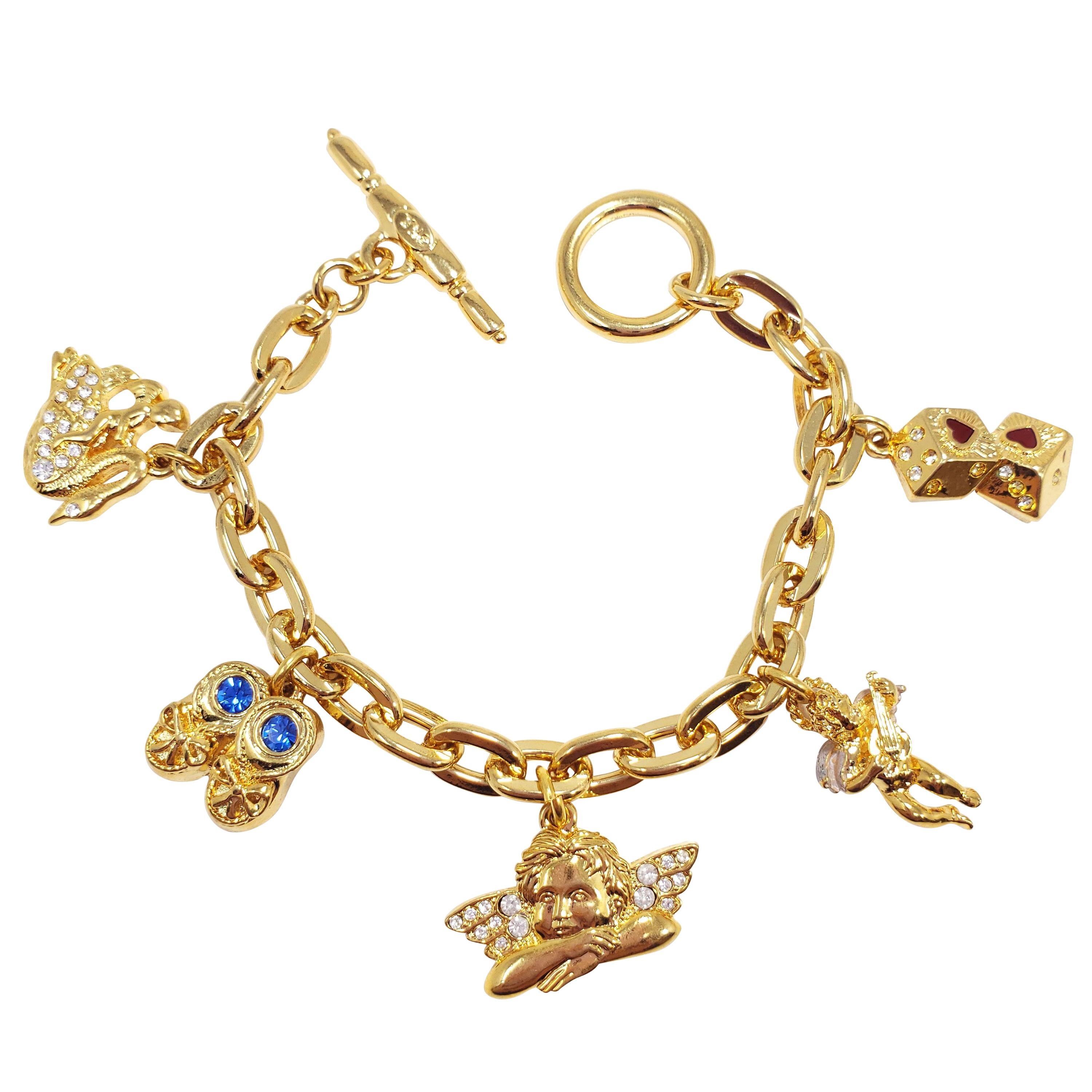 KJL Kenneth Jay Lane Chain Link Five Charm Bracelet, with Toggle Clasp, in Gold For Sale