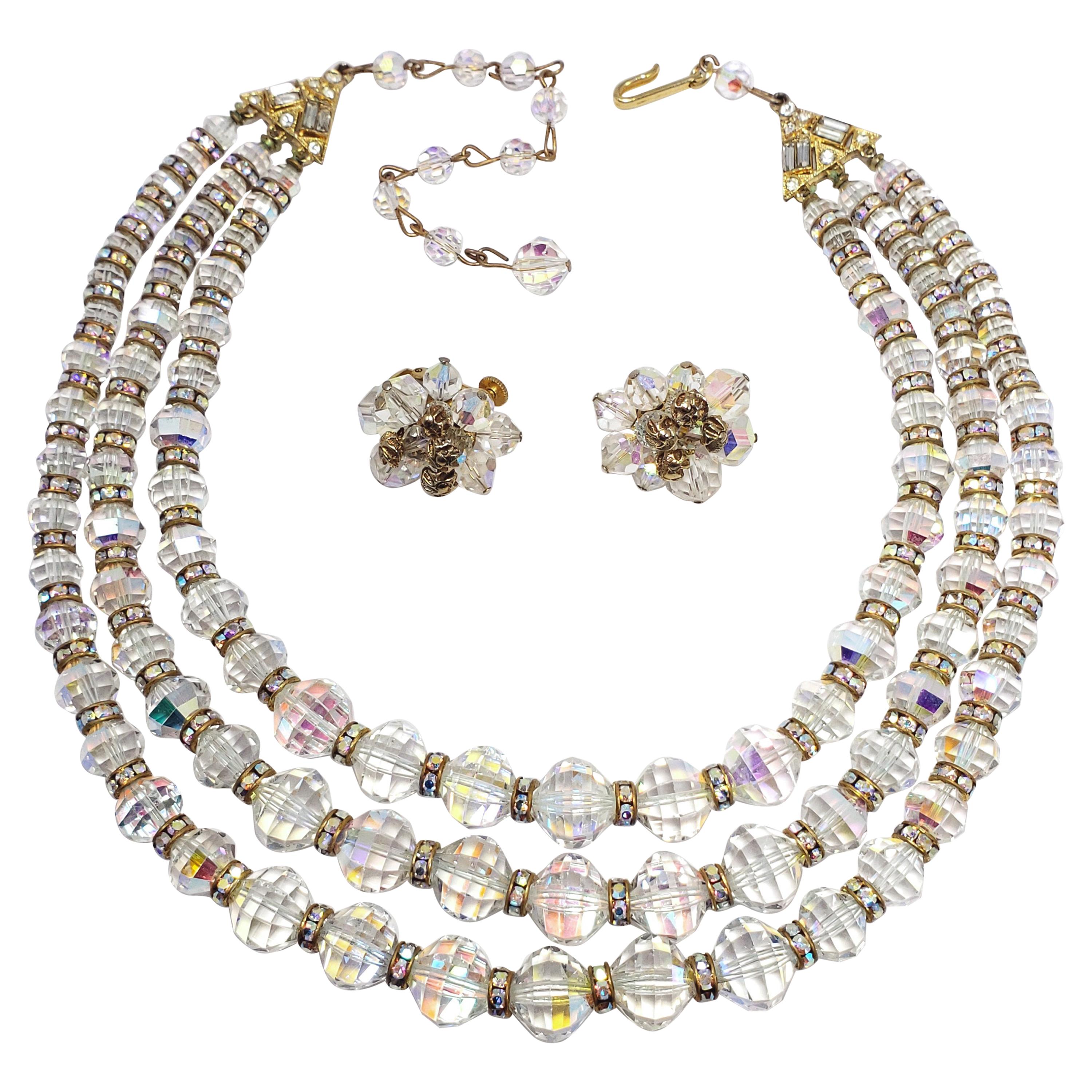 Vendome Aurora Borealis Crystal Demi Parure Three Strand Necklace and Earrings