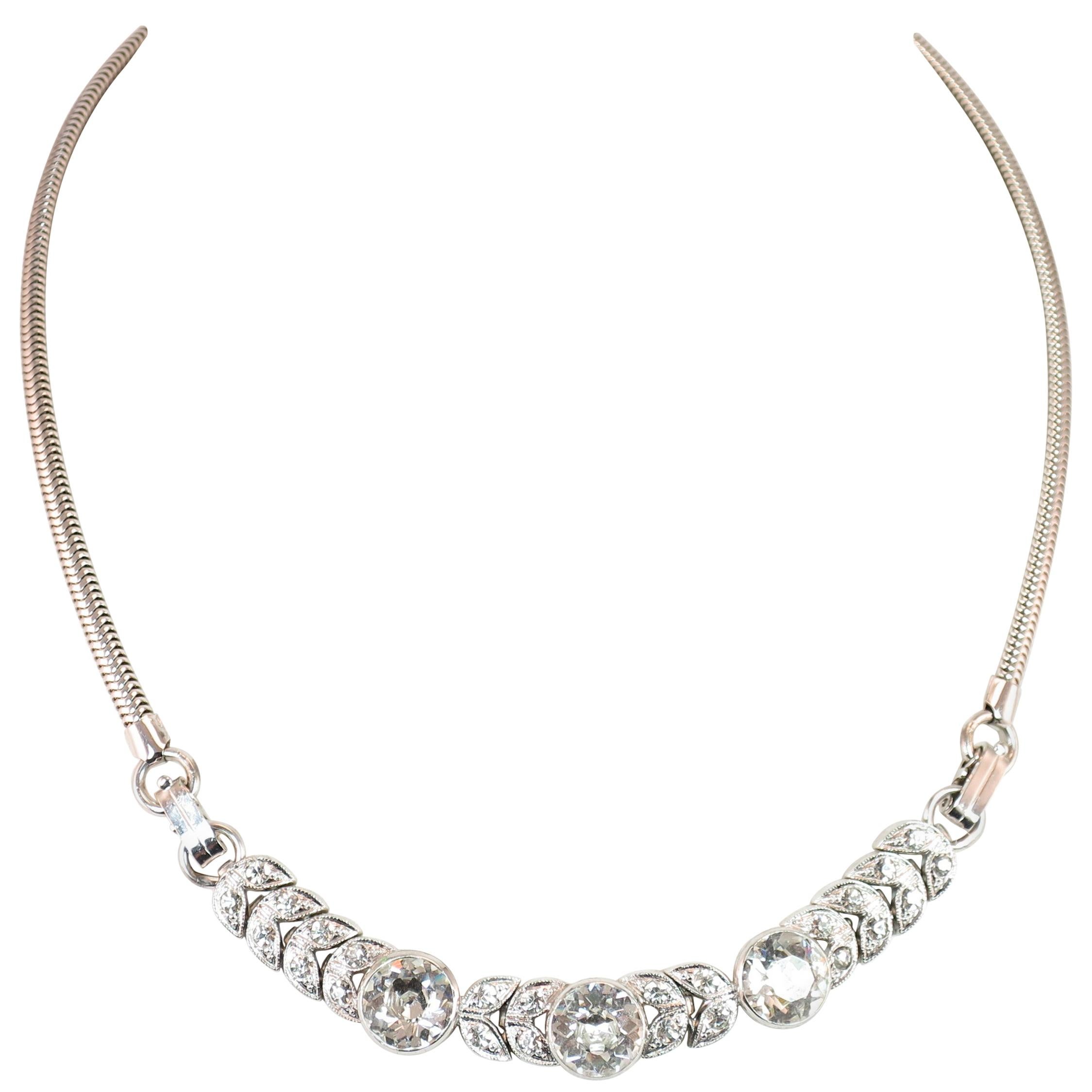 Art Deco Engel Brothers Rhodium Sterling & Crystal Necklace im Angebot