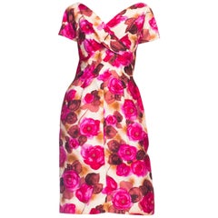 1950S  Pink 
Brown Silk Cap Sleeved Dress With Beaded Flowers