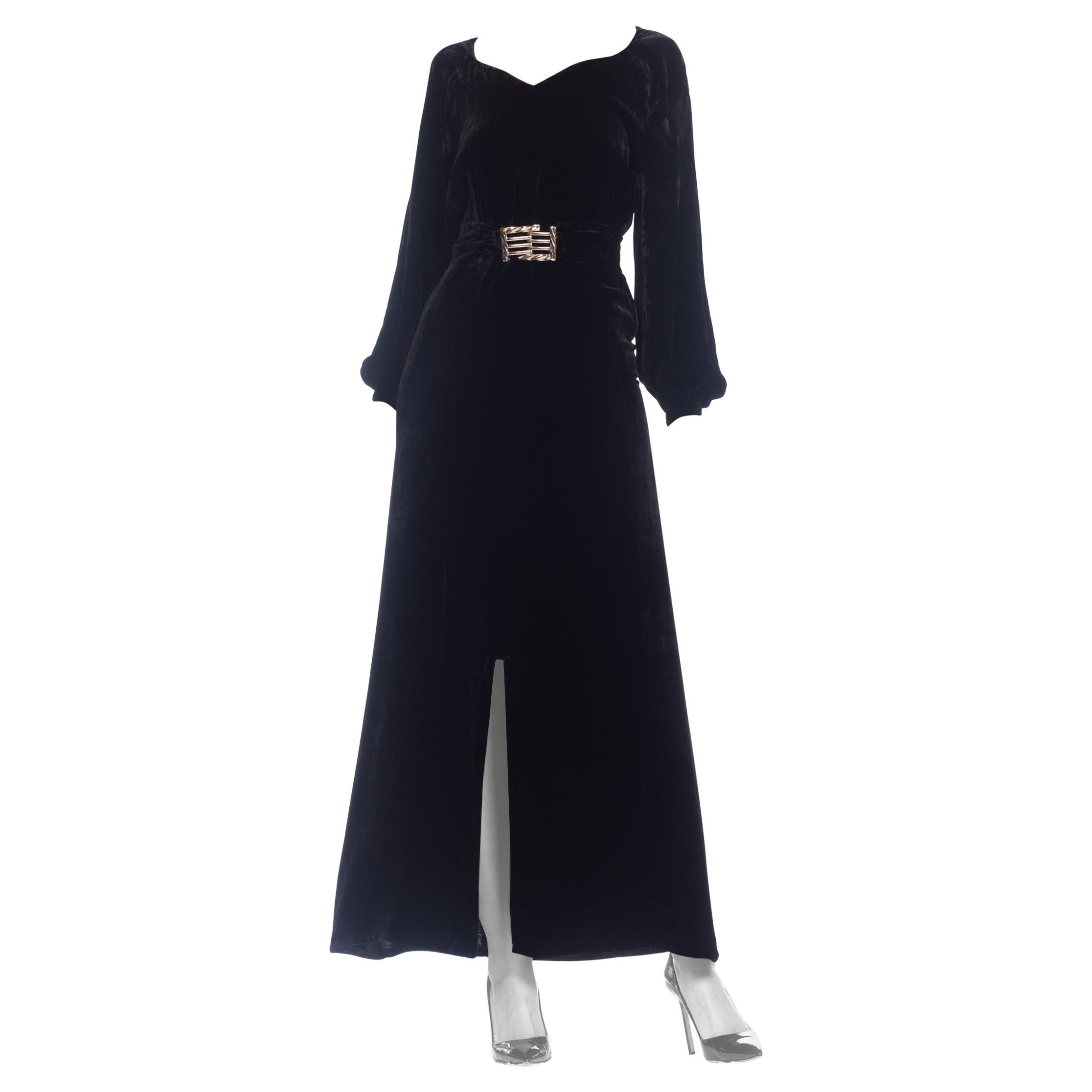 1930S Black Silk Velvet Long Sleeved Gown With Chrome Art Deco Buckle For Sale