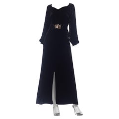 1930S Black Silk Velvet Long Sleeved Gown With Chrome Art Deco Buckle
