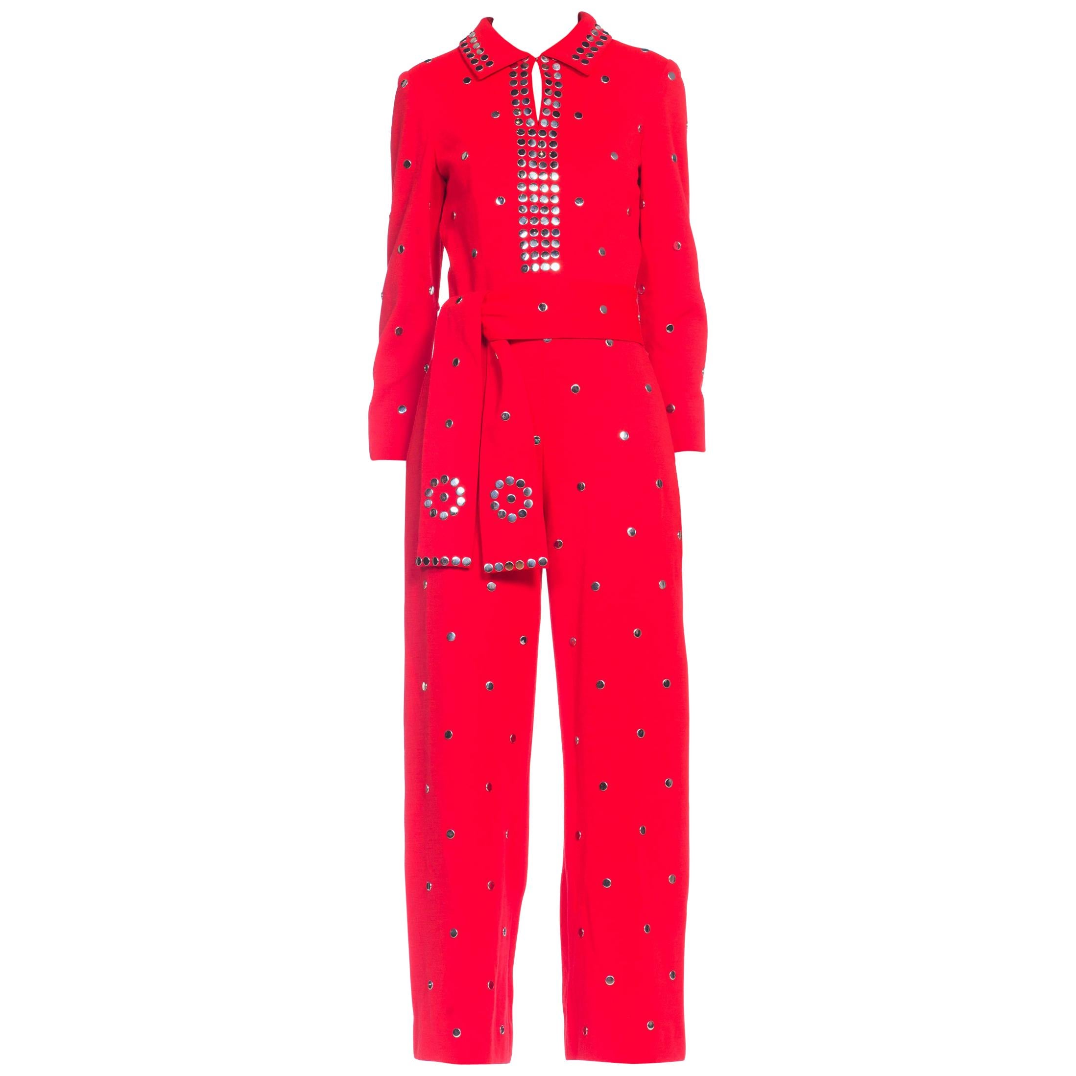1970S Wool Knit Bright Crimson Metal Studded Disco Jumpsuit