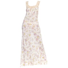 1930s Bias Cut Floral Rayon & Lace Negligee Slip Dress