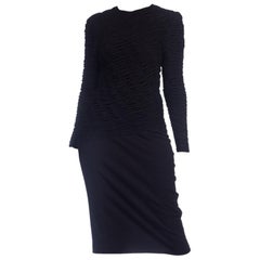 1980S LOUIS FERAUD Black Wool Jersey Long Sleeve Ruched Sweater Dress