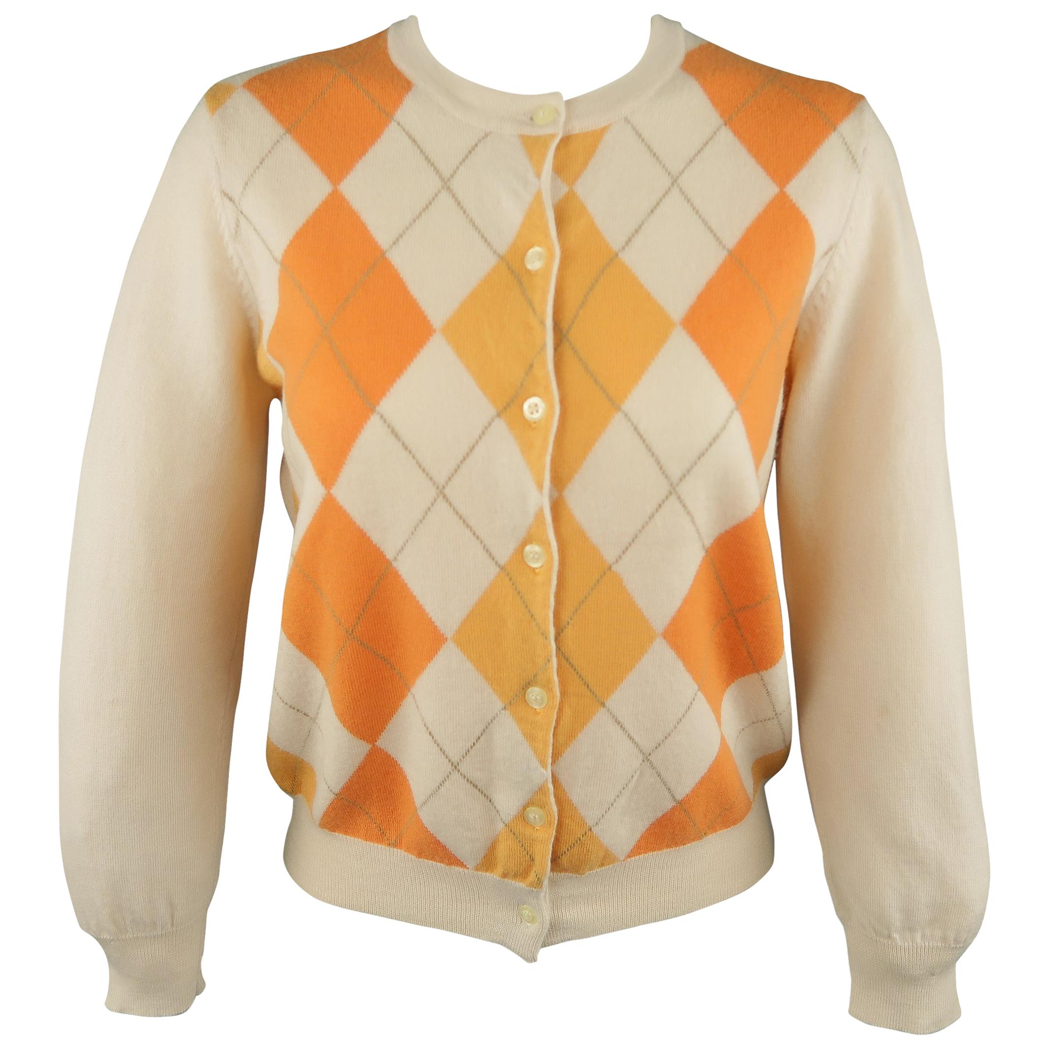 PIERRE BALMAIN Size L Orange Argyle Cashmere Crewneck Cardigan