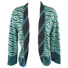 Retro M MISSONI Size 10 Blue & Green Wool / Viscose Textured Print Knit Cardigan
