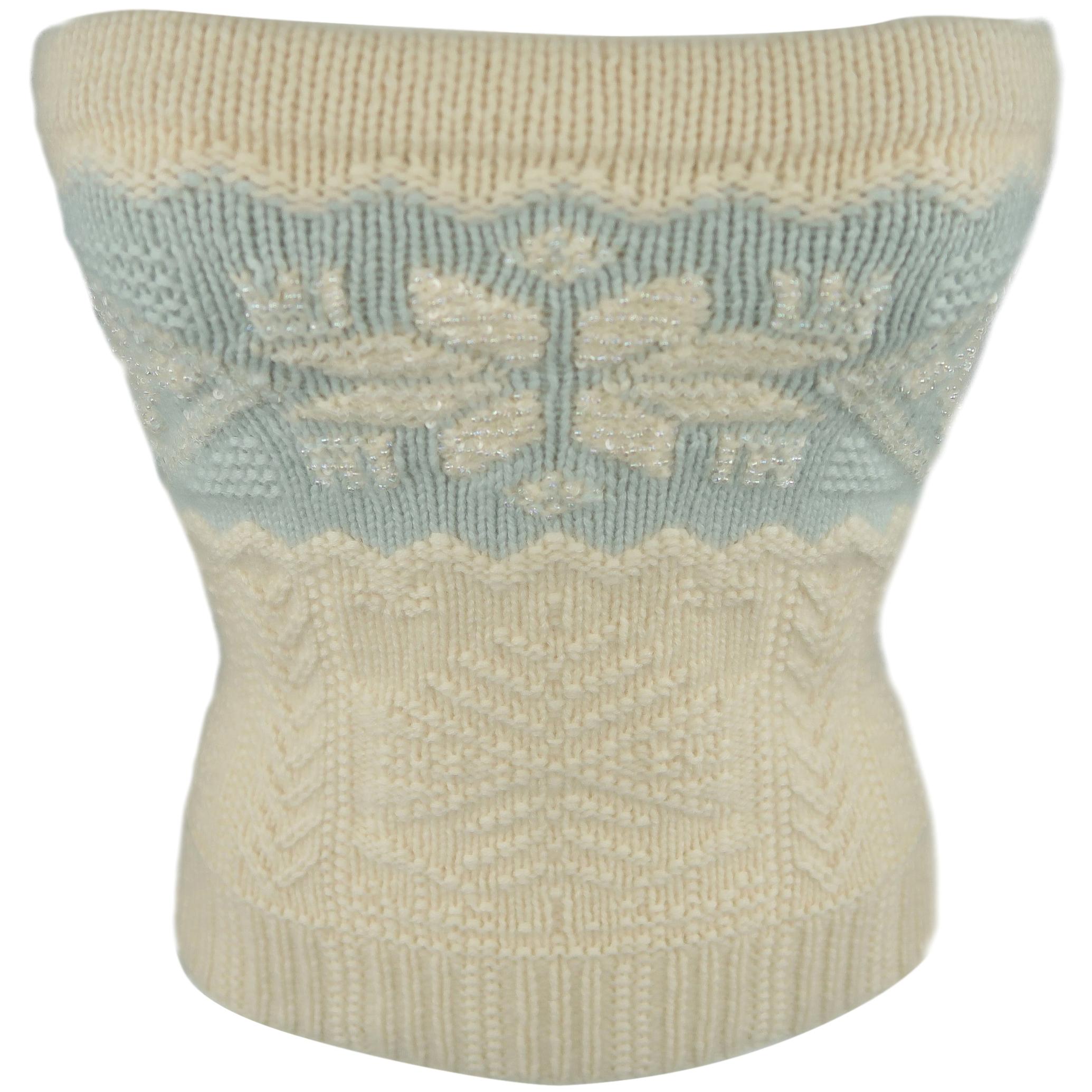 RALPH LAUREN Size M Cream & Blue Beaded Cashmere Knit Snowflake Tube Top