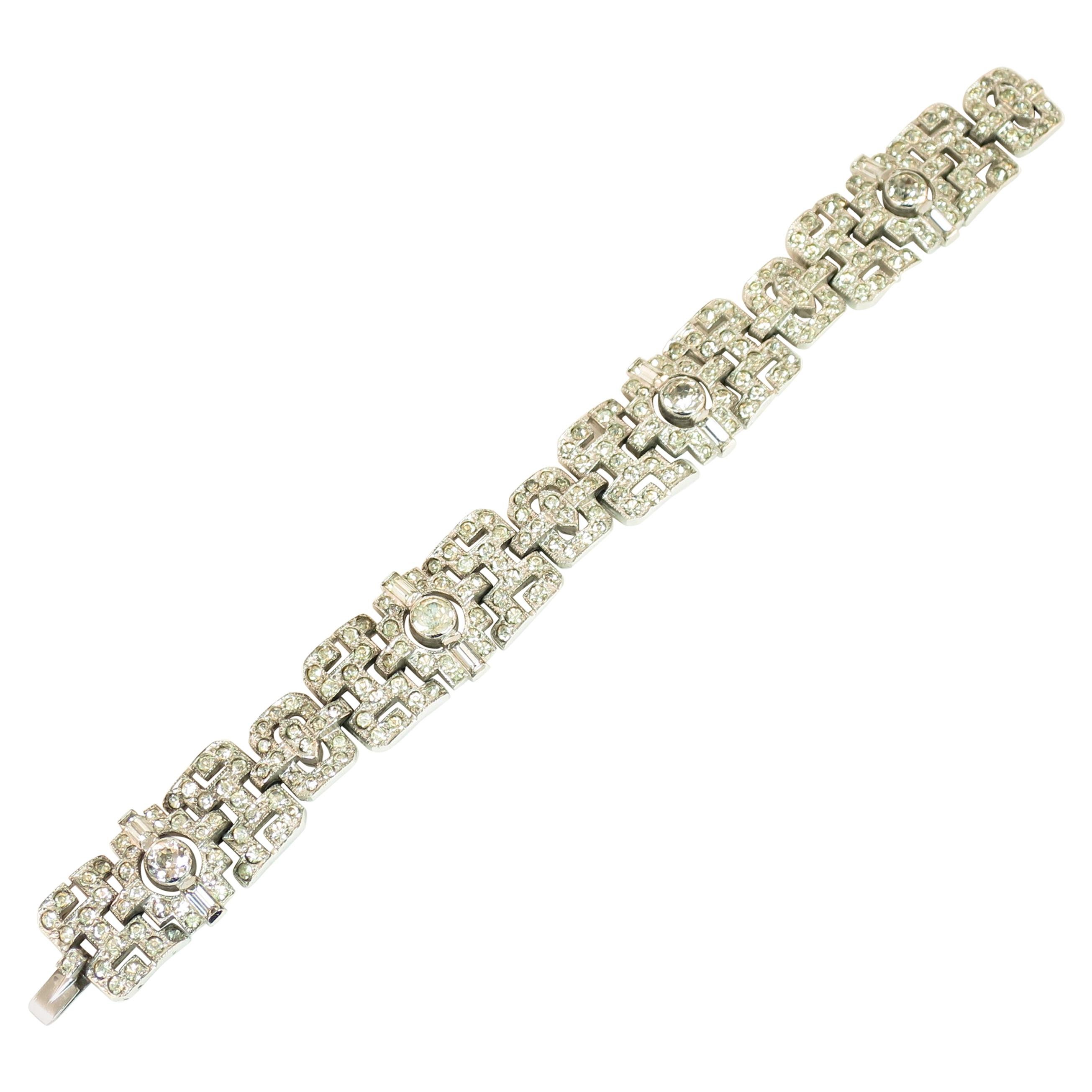 Art Deco KTF Trifari Rhodium Crystal Bracelet by Alfred Phillippe 1930s For Sale
