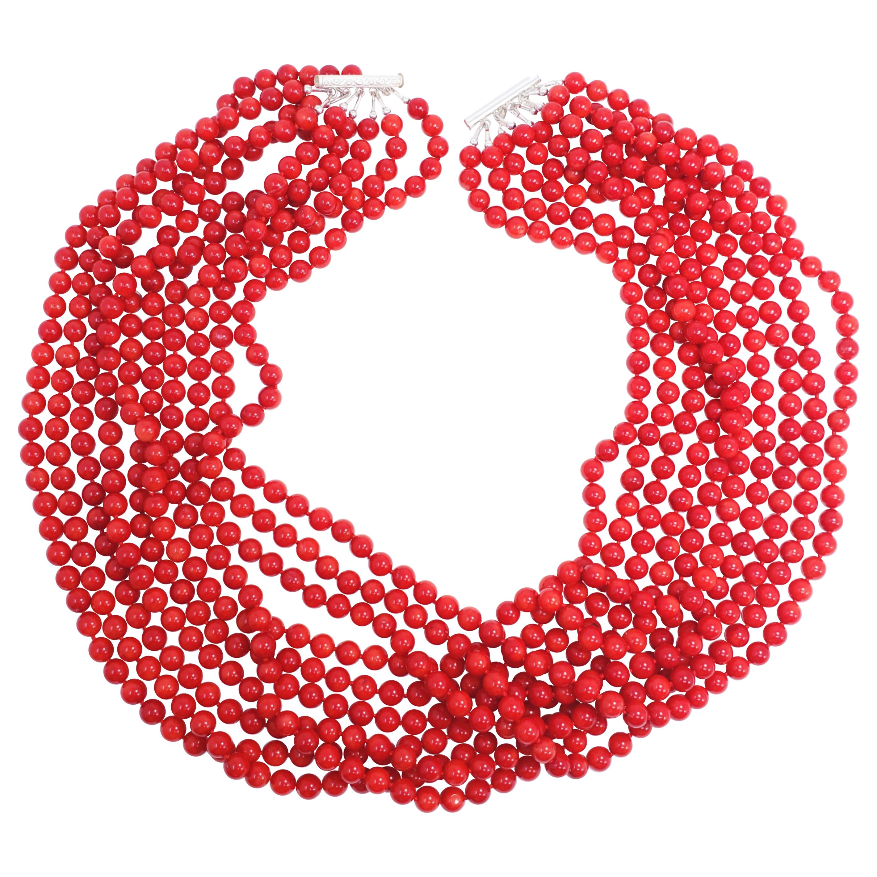 10 Strand Genuine Red Coral 7mm Bead Necklace with Sterling Silver Sliding Clasp
