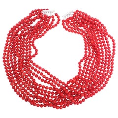 Retro 10 Strand Genuine Red Coral 7mm Bead Necklace with Sterling Silver Sliding Clasp