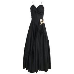 1930s Black Tafetta Spaghetti Strap Dress with Rosè Appliqué 