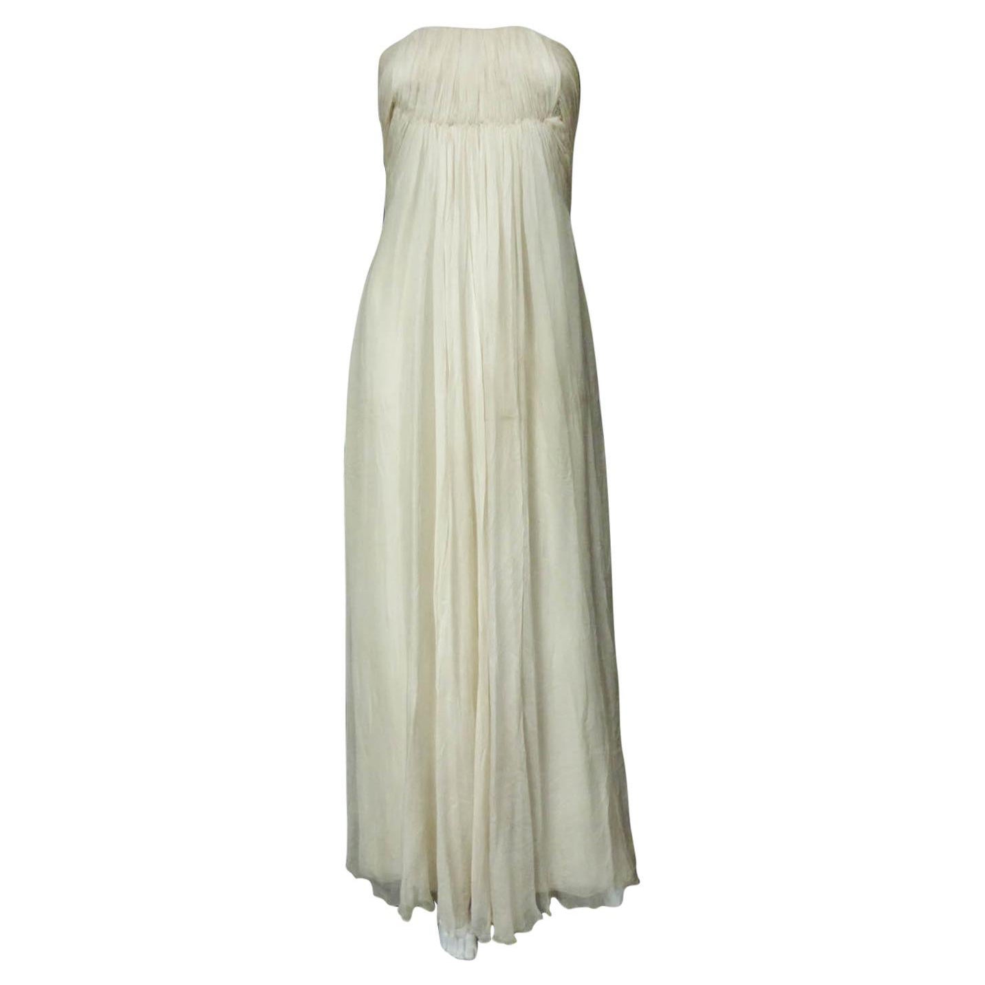 A French Couture Chiffon Cream Evening Dress Circa 1970 For Sale