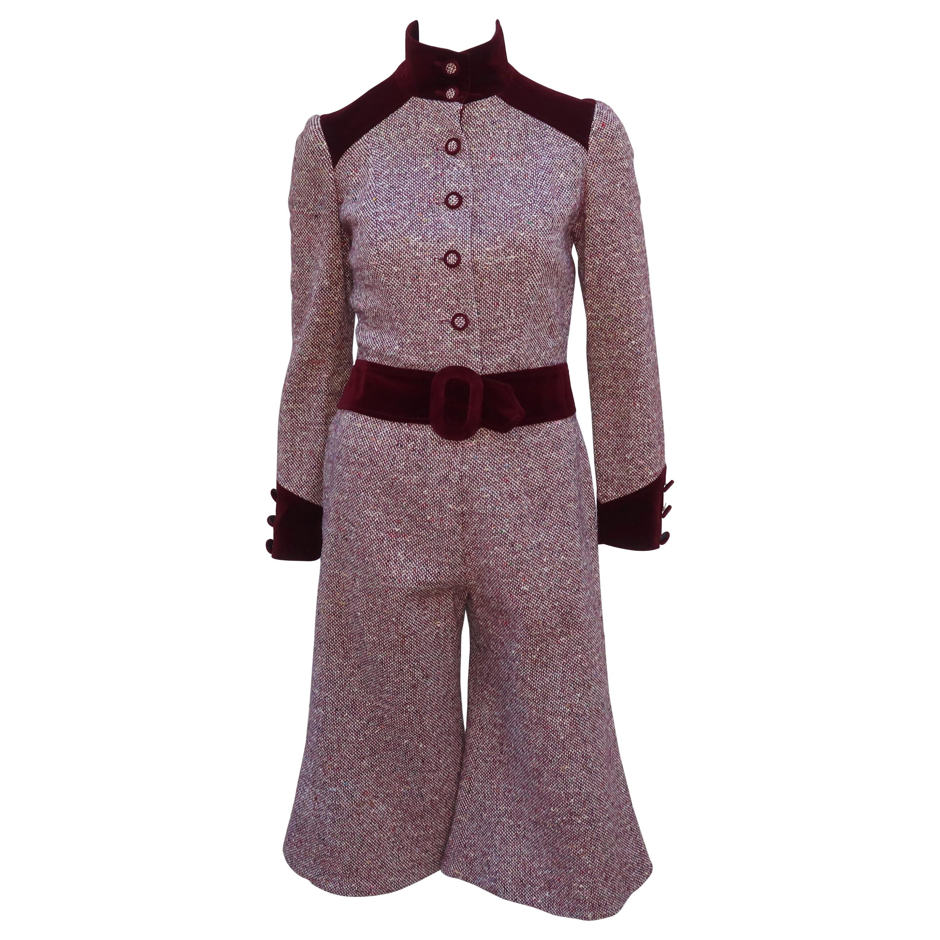 Mod C.1970 Young Victorian Ruby Red Velvet & Wool Tweed Jacket Pant Suit