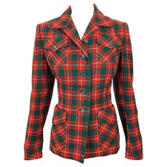 Chic 1970s Red and Green Plaid Safari Style Vintage 70s Wool Christmas Jacket