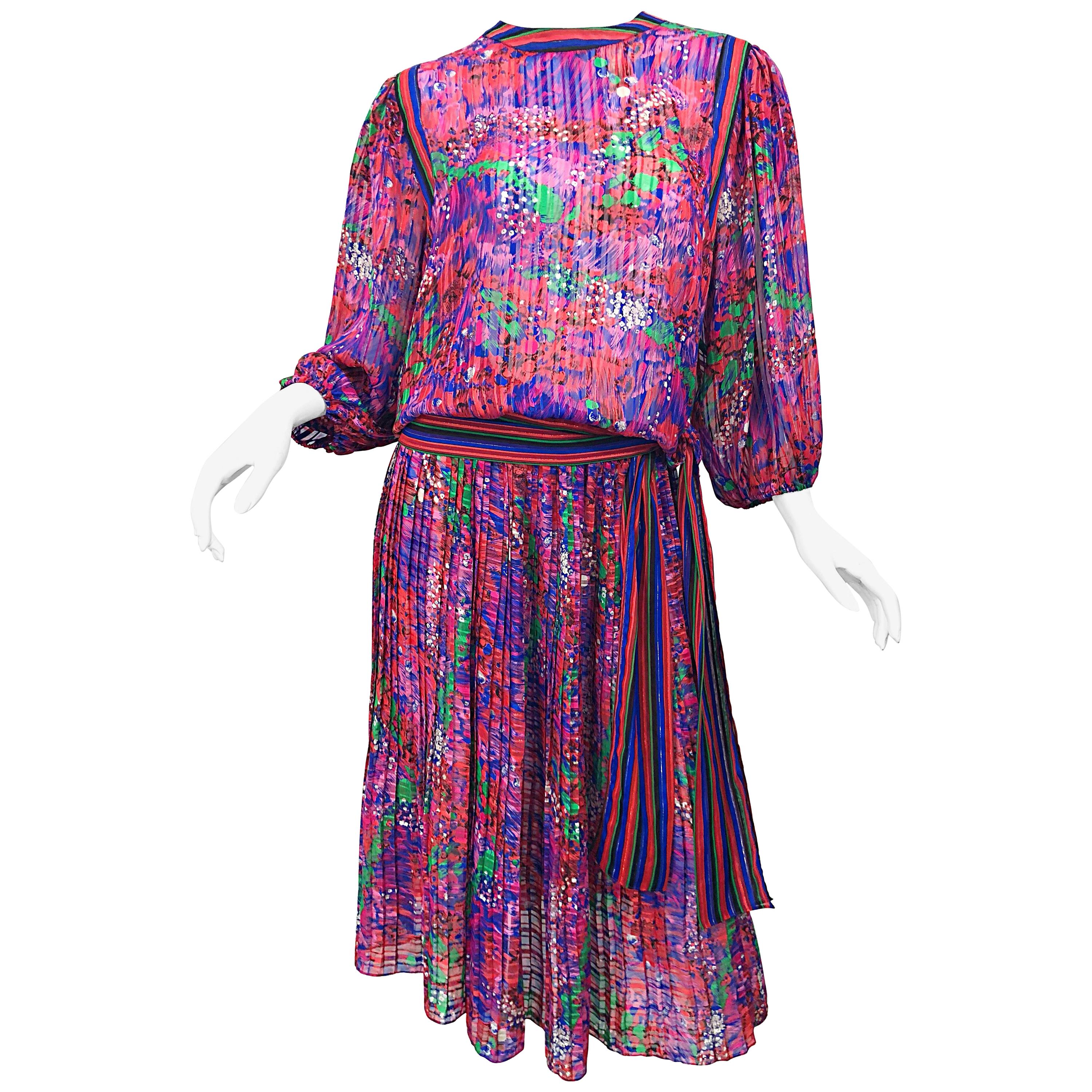Vintage Diane Freis 1980s Pink Purple Green Flowers Stripes Top and Skirt Dress