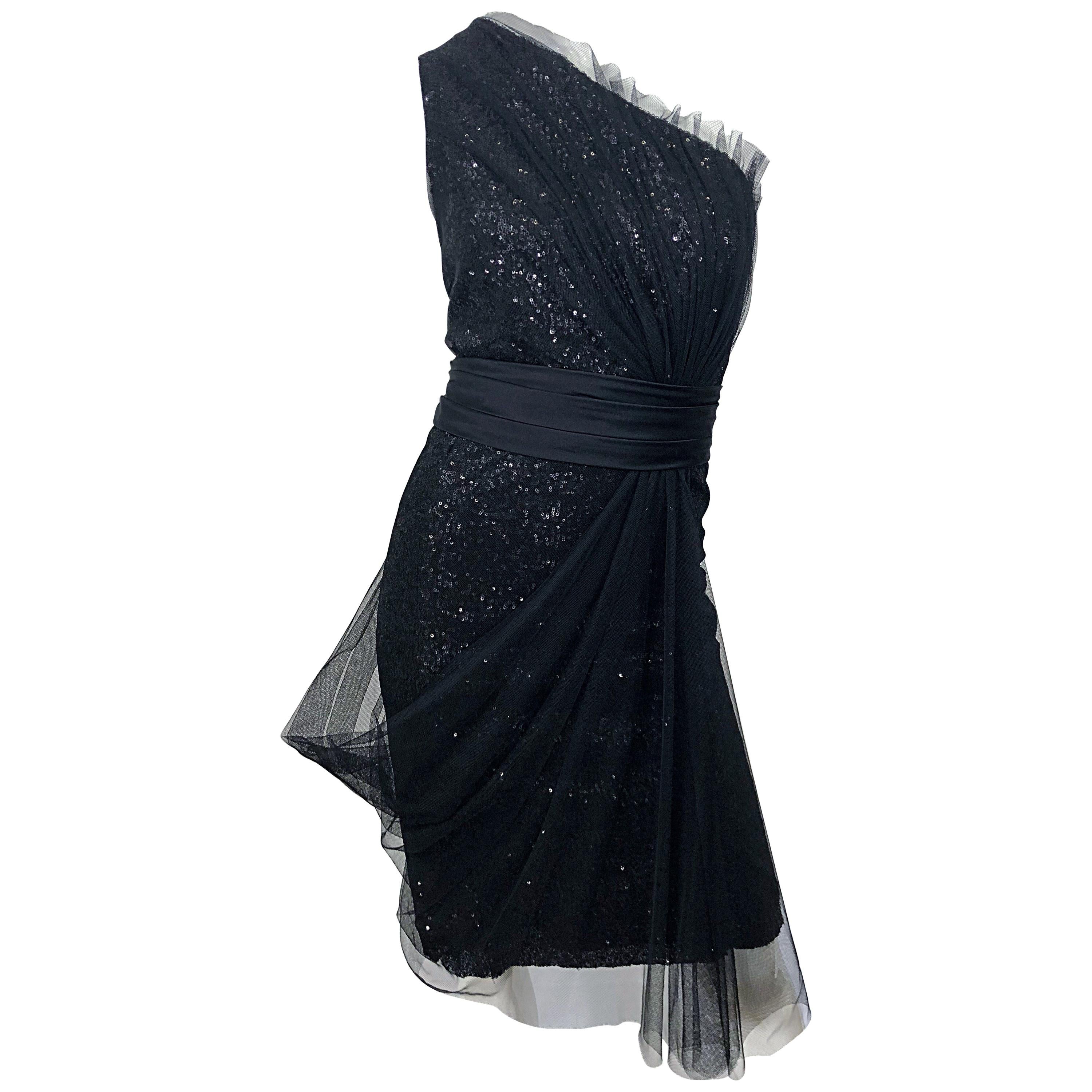 Vintage Liancarlo Couture Size 12 90s Black Silk One Shoulder 1990s Sequin Dress For Sale