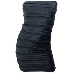 Vintage Herve Leger 1990s Black Silk Lace Strapless Bandage 90s Sexy Mini Dress